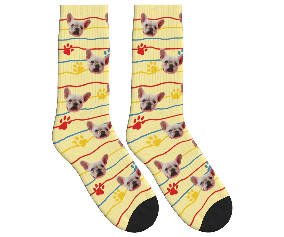 Dog Face, Paw Prints & Stripes Socks - Pale Yellow / Crew Socks
