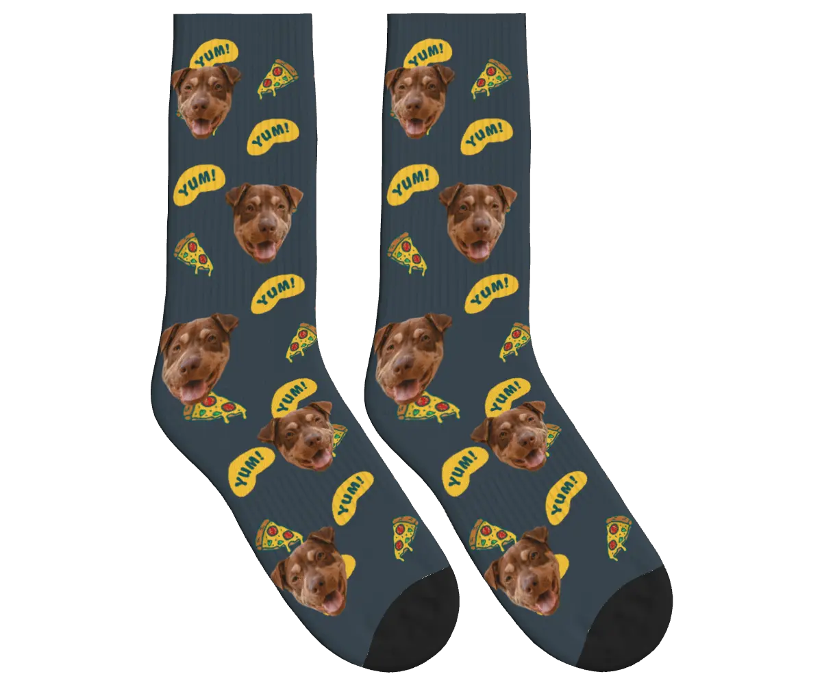 Dog Face & Pizza Socks with YUM! Speech Bubbles - Charcoal Gray / Crew Socks