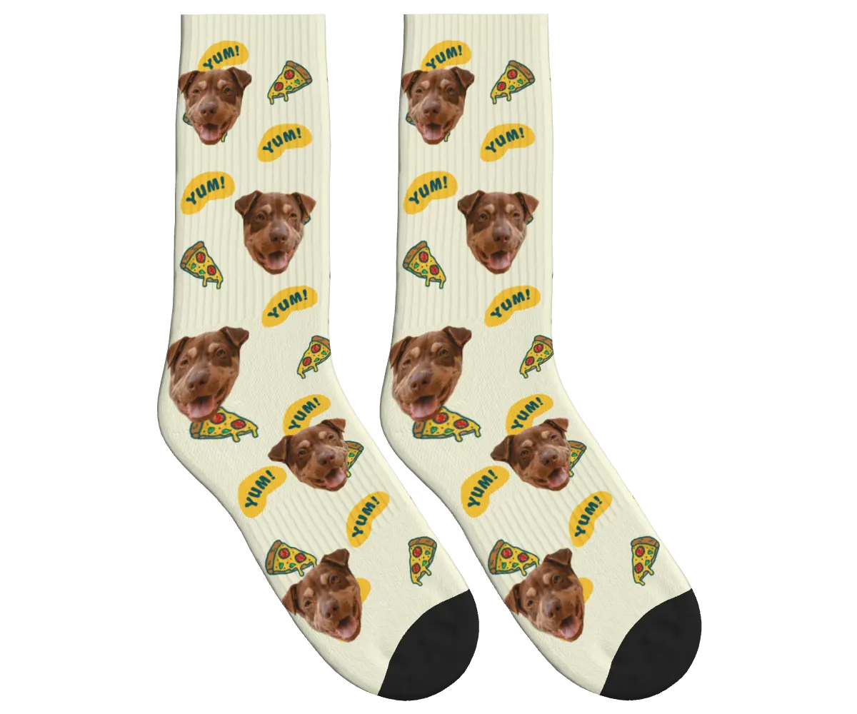 Dog Face & Pizza Socks with YUM! Speech Bubbles - Beige / Crew Socks