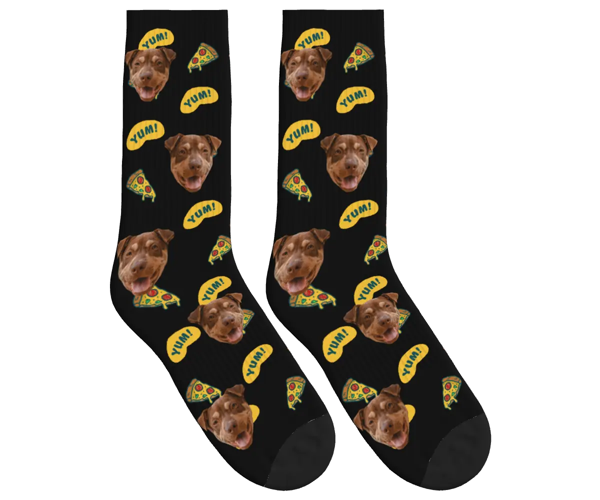 Dog Face & Pizza Socks with YUM! Speech Bubbles - Black / Crew Socks