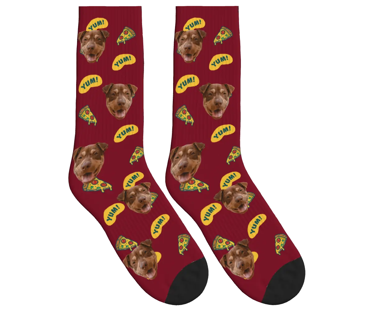 Dog Face & Pizza Socks with YUM! Speech Bubbles - Burgundy / Crew Socks