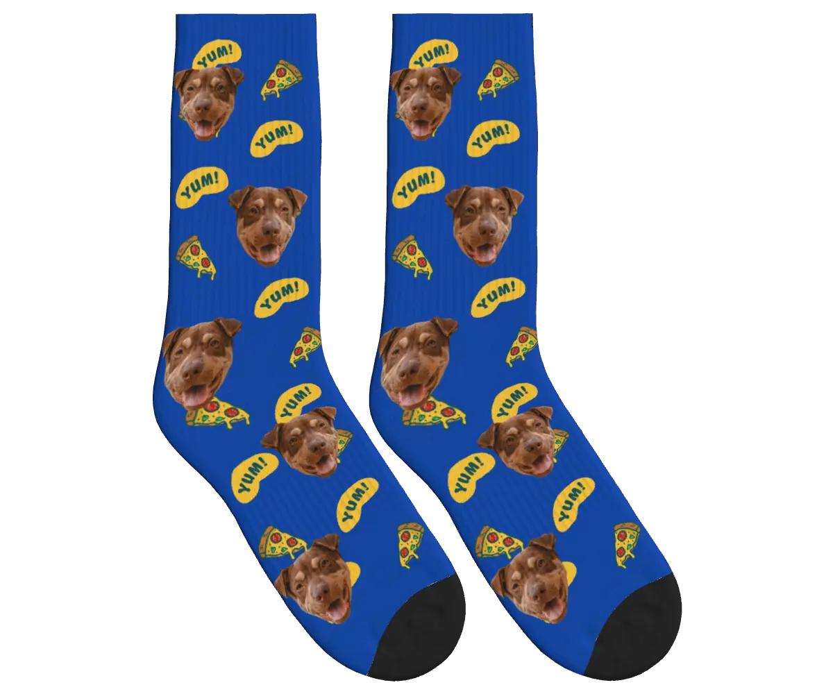 Dog Face & Pizza Socks with YUM! Speech Bubbles - Cobalt Blue / Crew Socks