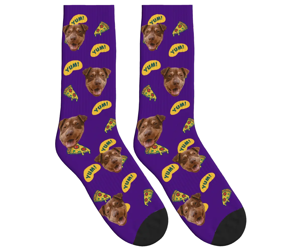 Dog Face & Pizza Socks with YUM! Speech Bubbles - Deep Purple / Crew Socks
