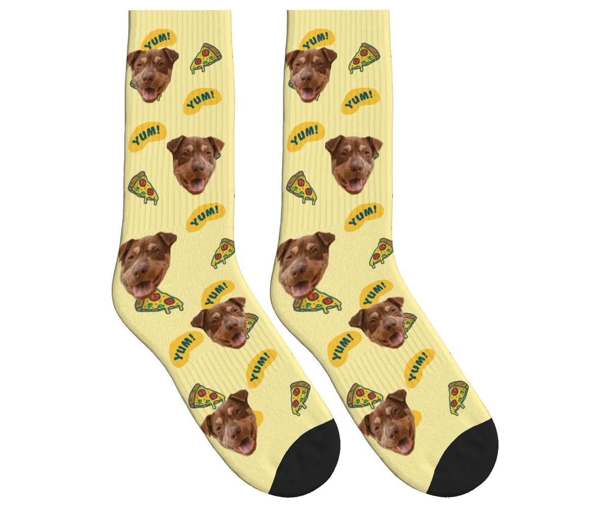 Dog Face & Pizza Socks with YUM! Speech Bubbles - Pale Yellow / Crew Socks