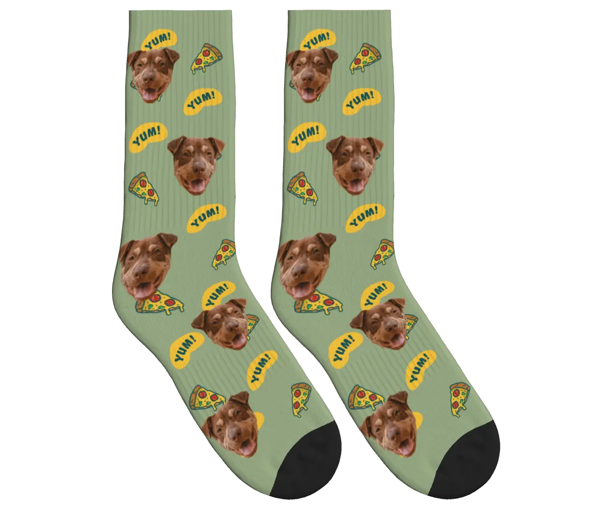 Dog Face & Pizza Socks with YUM! Speech Bubbles - Sage Green / Crew Socks