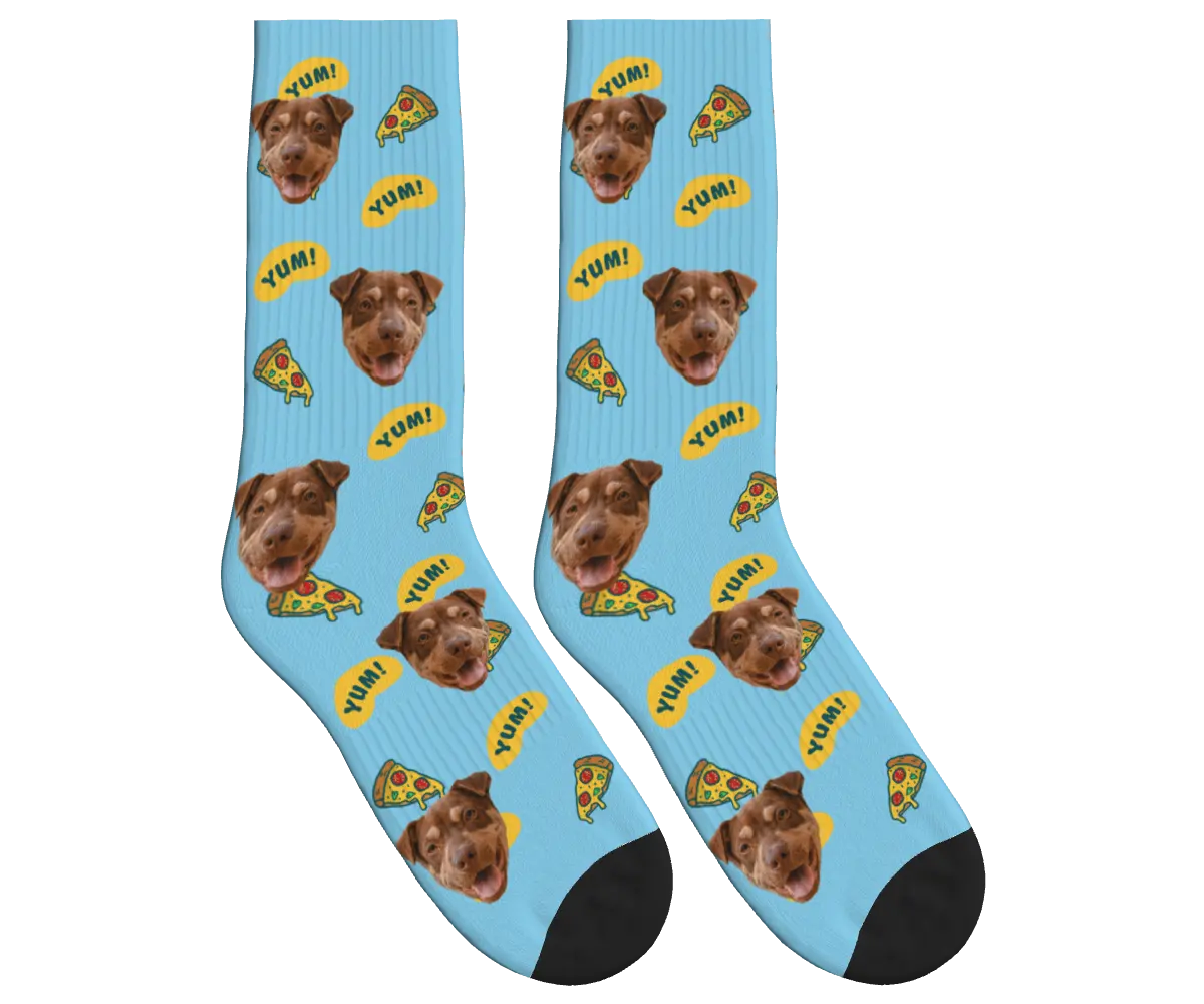 Dog Face & Pizza Socks with YUM! Speech Bubbles - Sky Blue / Crew Socks