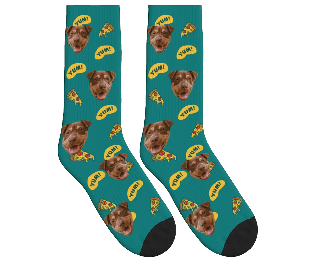 Dog Face & Pizza Socks with YUM! Speech Bubbles - Teal / Crew Socks