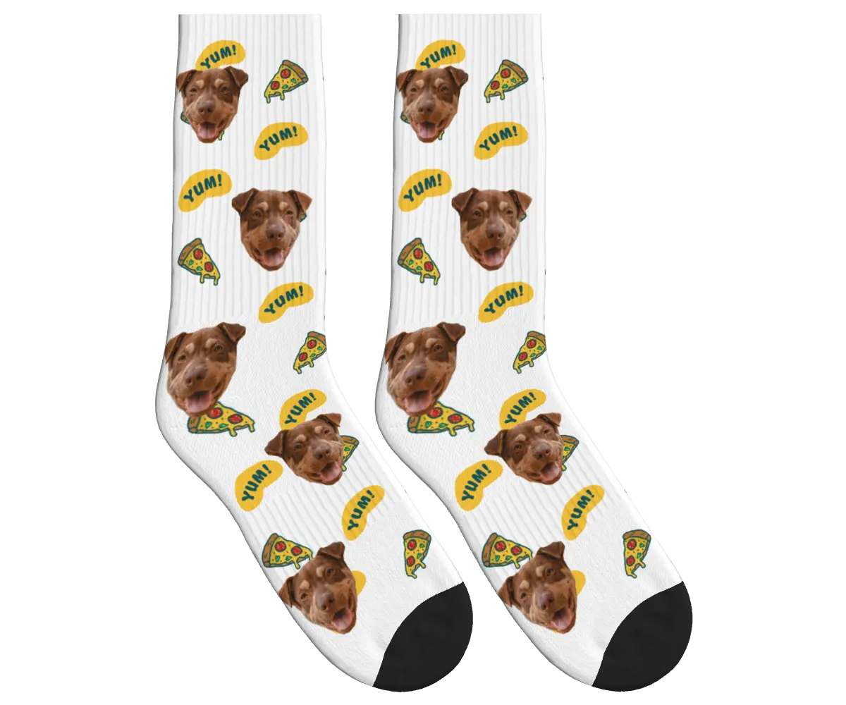 Dog Face & Pizza Socks with YUM! Speech Bubbles - White / Crew Socks