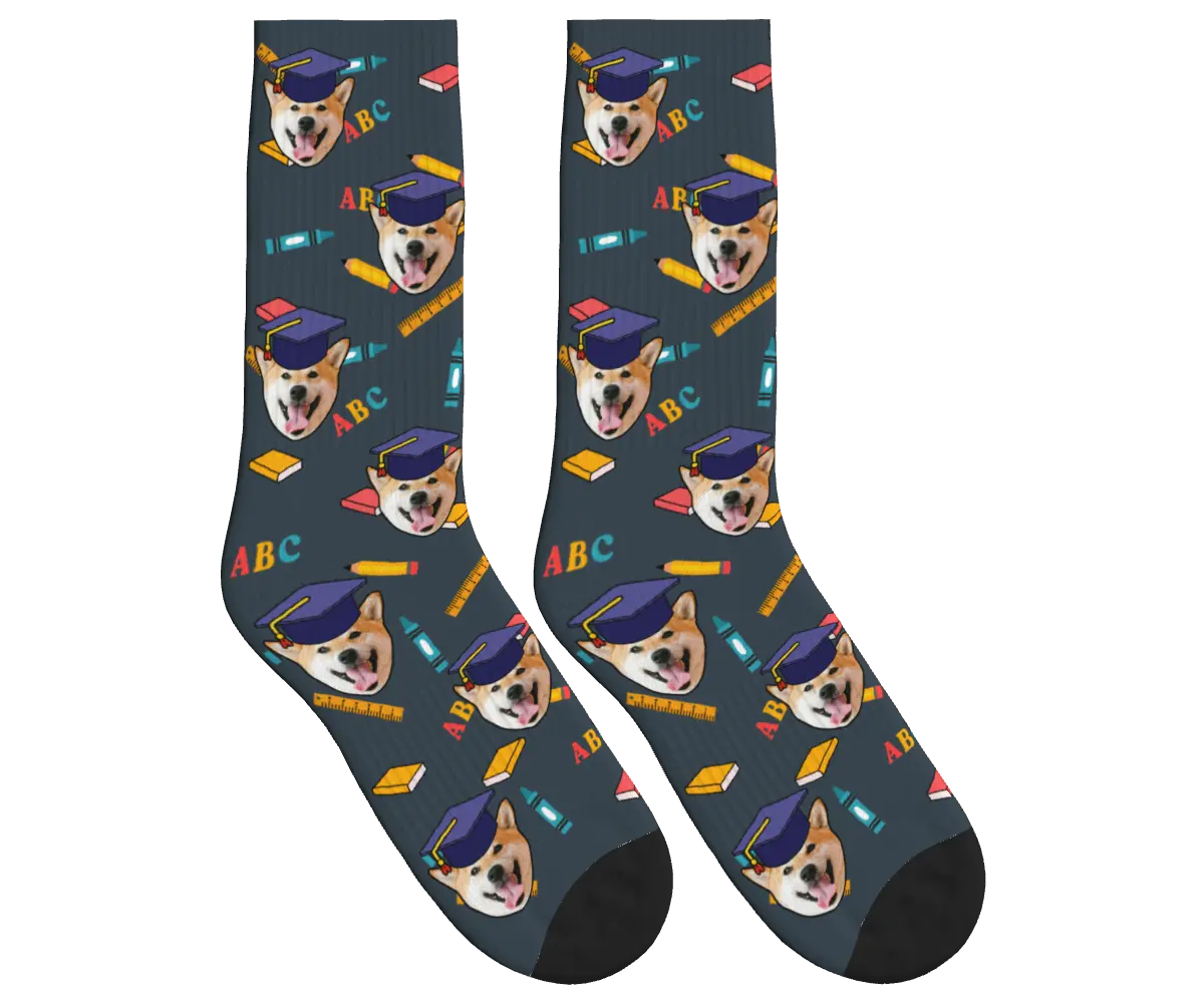 Dog Face Socks with Graduation Caps, Books & Pencils - Charcoal Gray / Crew Socks