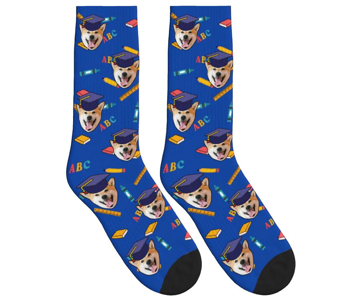 Dog Face Socks with Graduation Caps, Books & Pencils - Cobalt Blue / Crew Socks