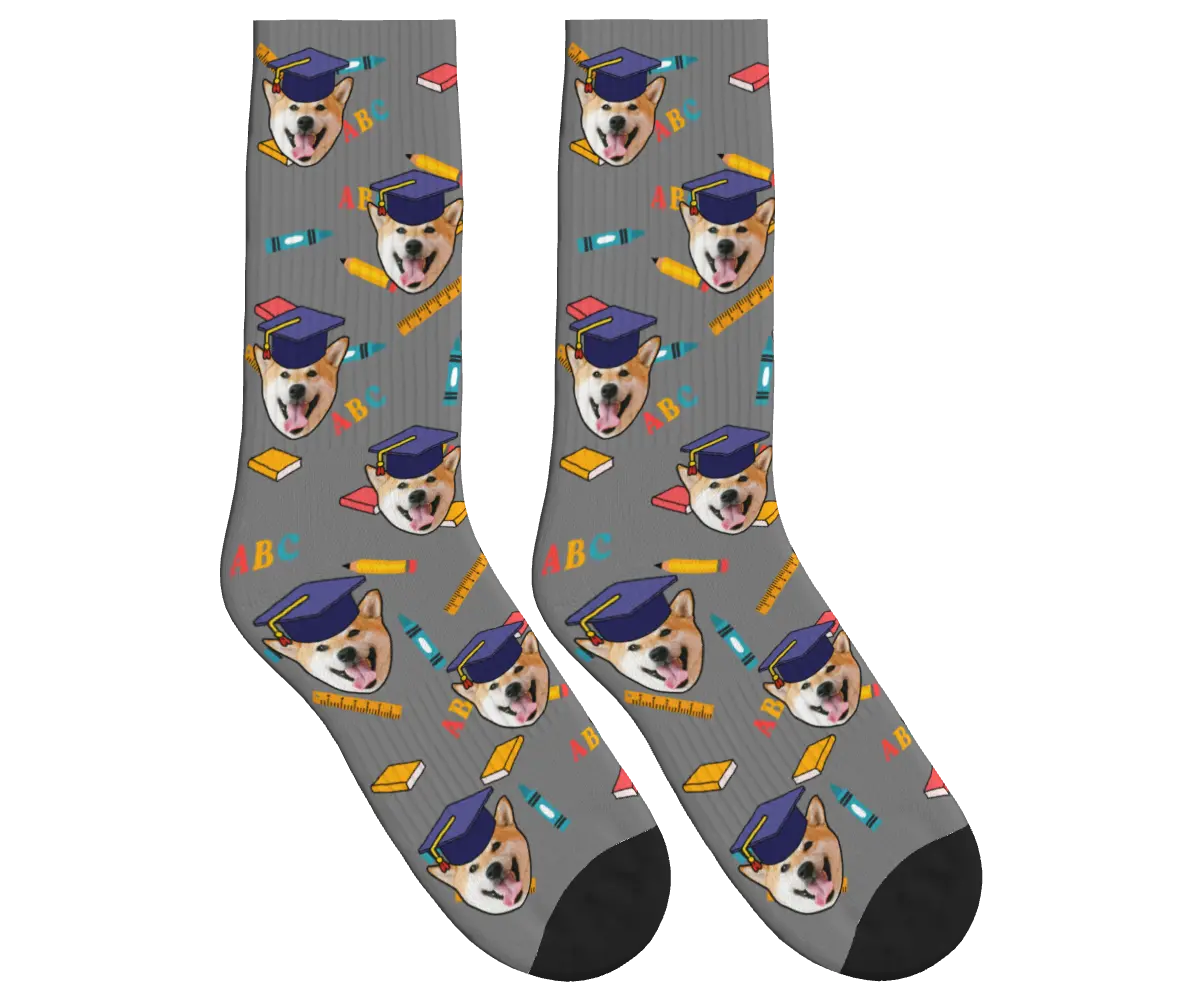 Dog Face Socks with Graduation Caps, Books & Pencils - Gray / Crew Socks