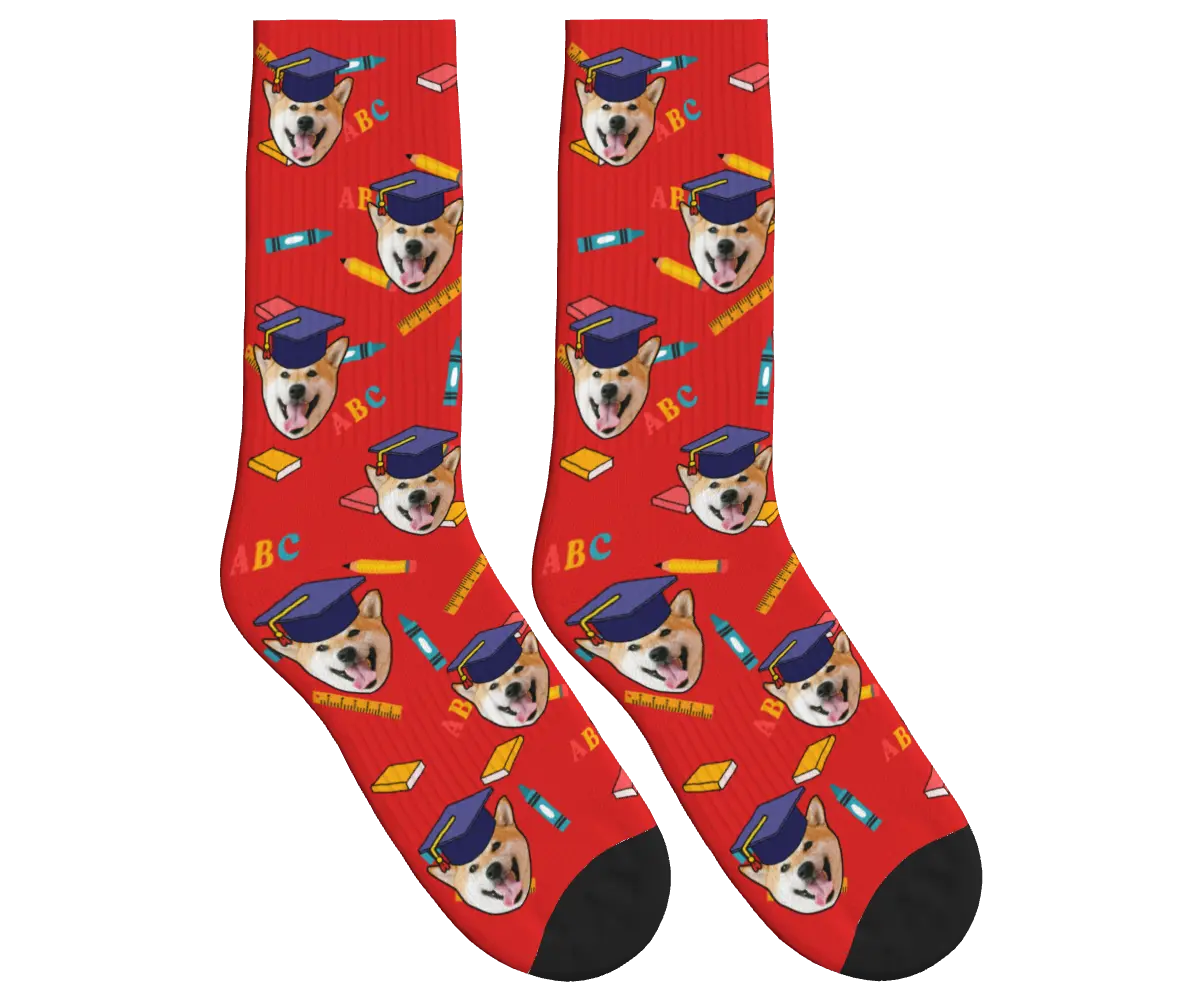 Dog Face Socks with Graduation Caps, Books & Pencils - Red / Crew Socks