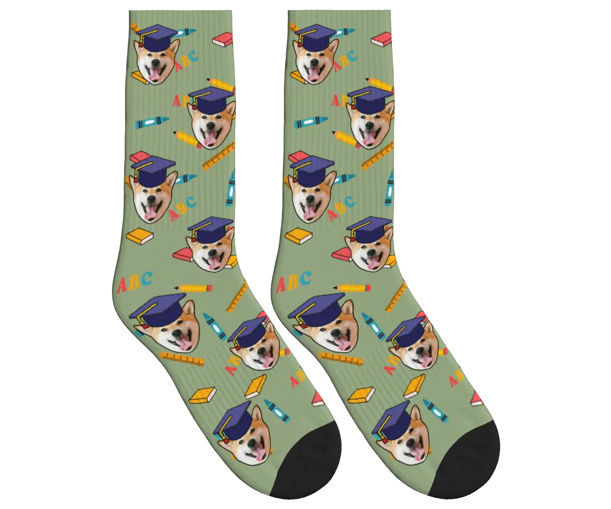 Dog Face Socks with Graduation Caps, Books & Pencils - Sage Green / Crew Socks