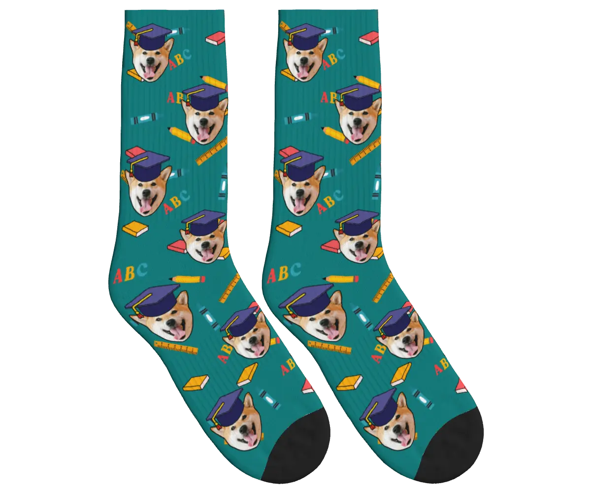 Dog Face Socks with Graduation Caps, Books & Pencils - Teal / Crew Socks