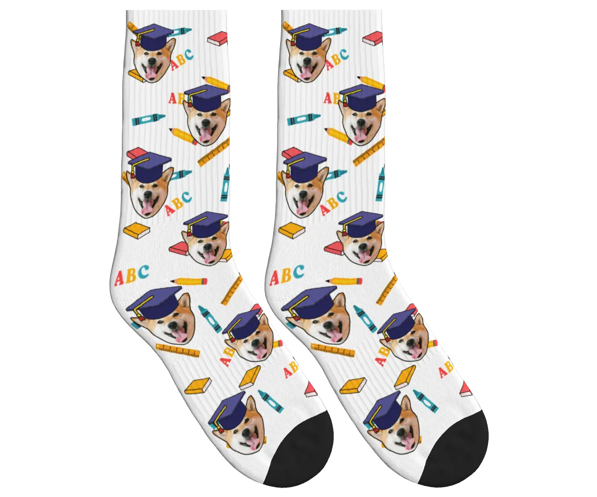 Dog Face Socks with Graduation Caps, Books & Pencils - White / Crew Socks