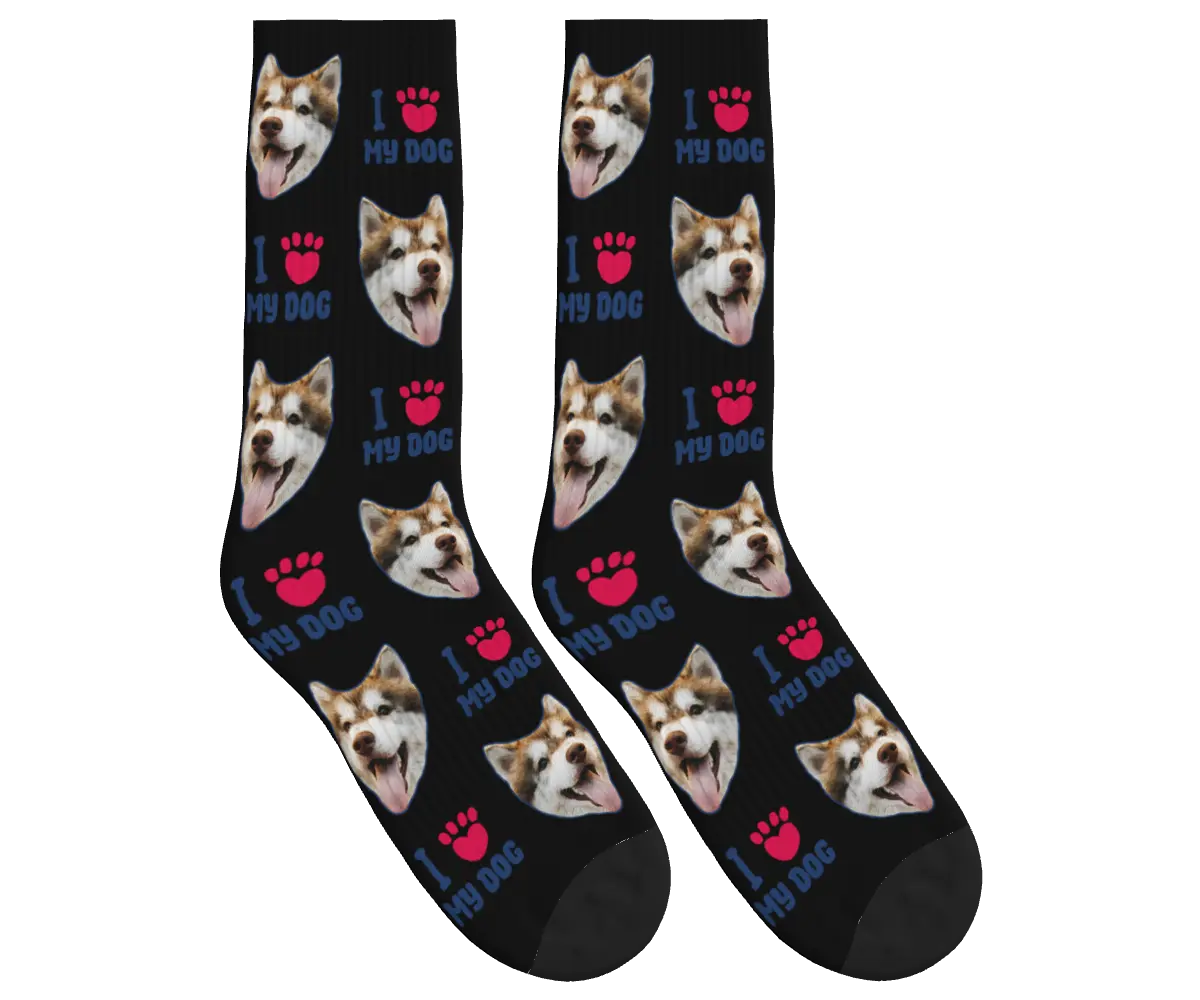 Dog Face Socks with I ❤️ My Dog Print - Black / Crew Socks