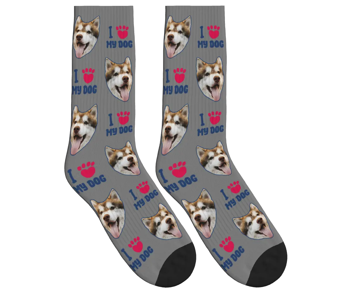 Dog Face Socks with I ❤️ My Dog Print - Gray / Crew Socks