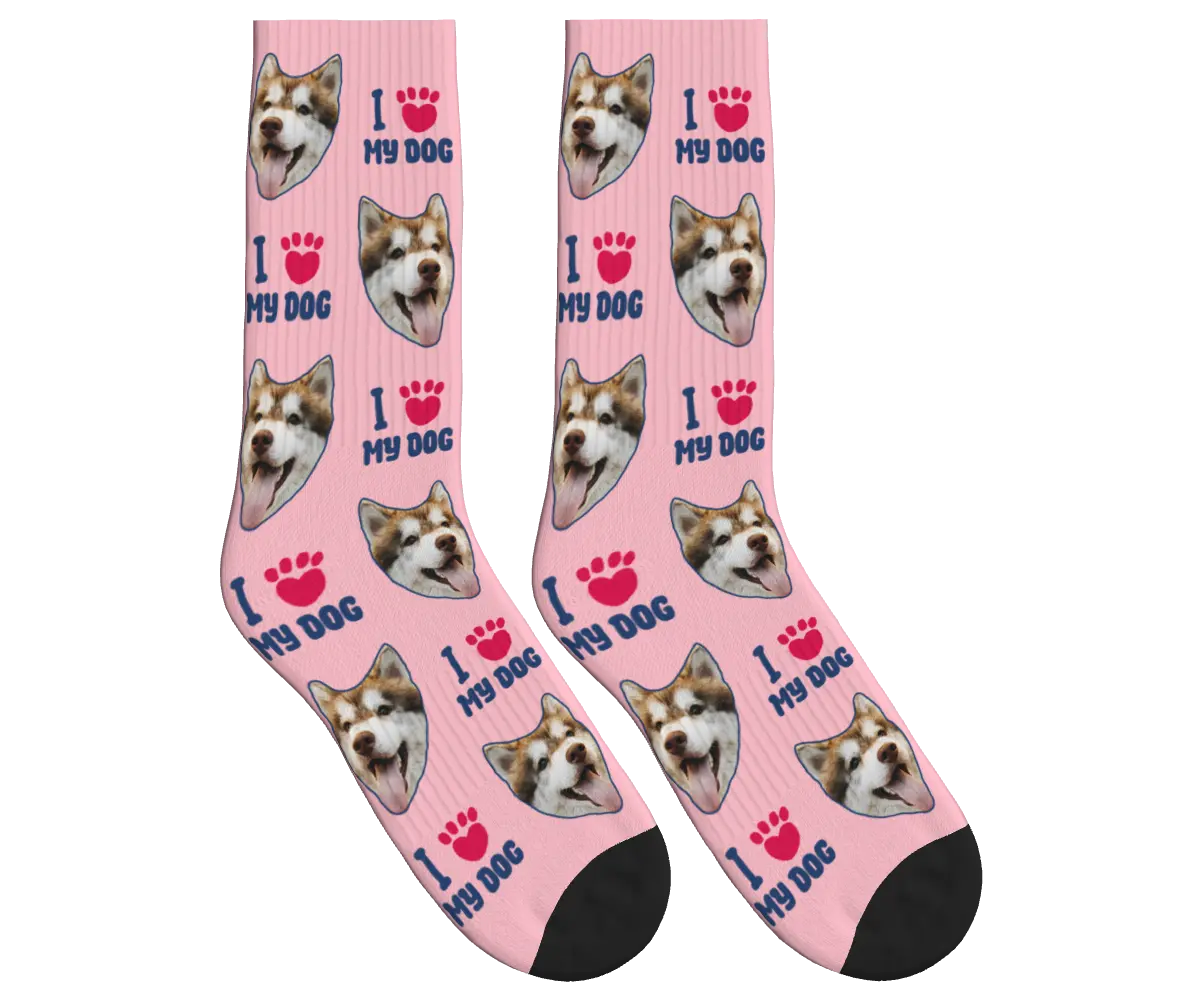 Dog Face Socks with I ❤️ My Dog Print - Pink / Crew Socks