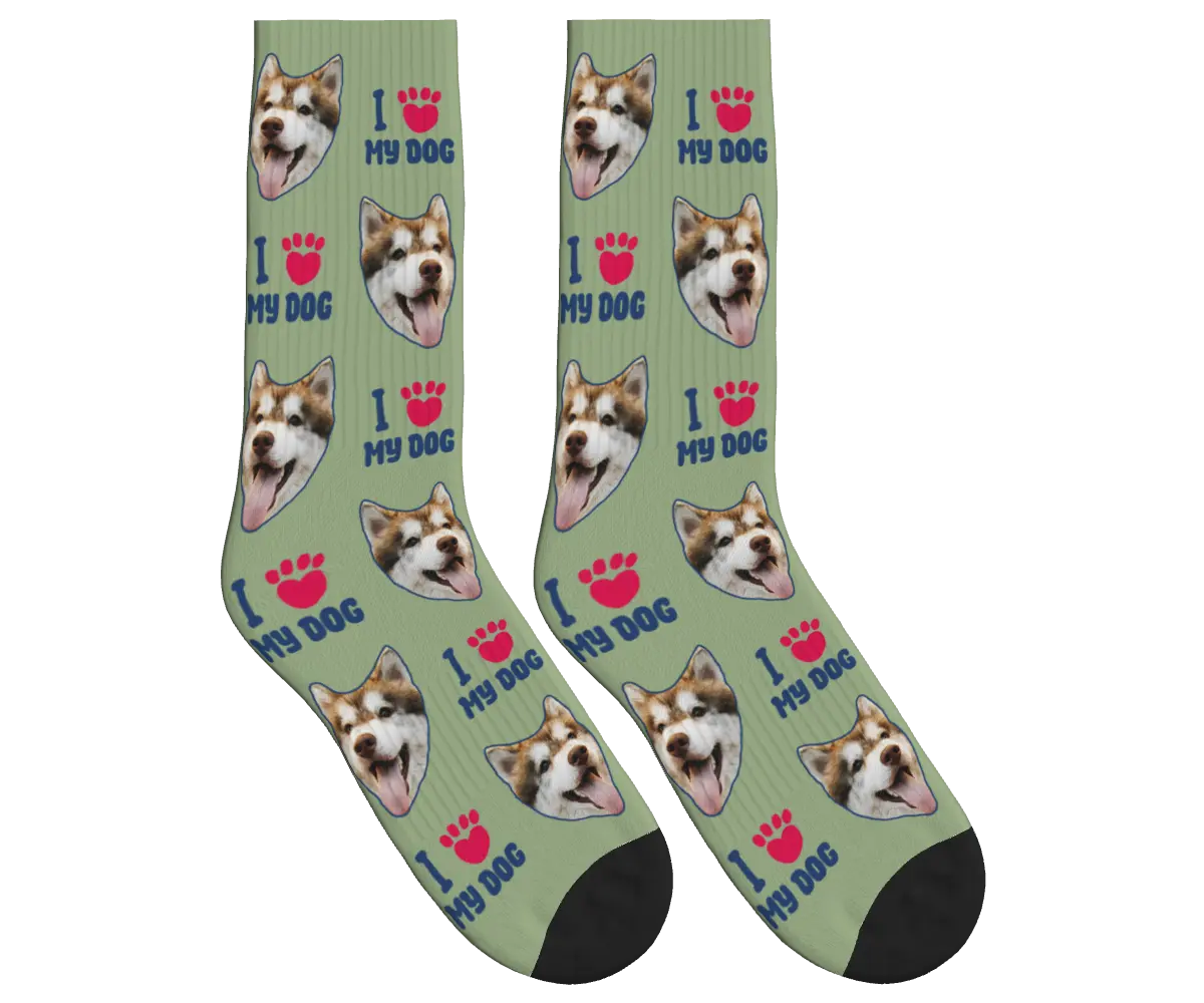 Dog Face Socks with I ❤️ My Dog Print - Sage Green / Crew Socks