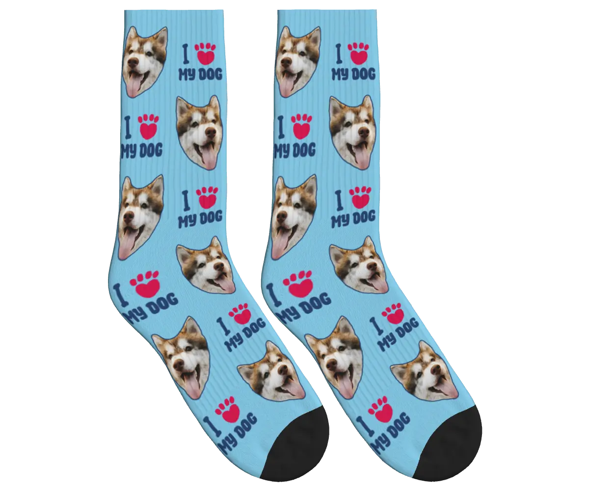 Dog Face Socks with I ❤️ My Dog Print - Sky Blue / Crew Socks