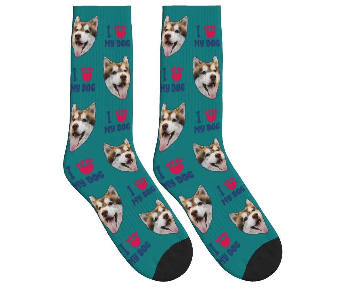 Dog Face Socks with I ❤️ My Dog Print - Teal / Crew Socks