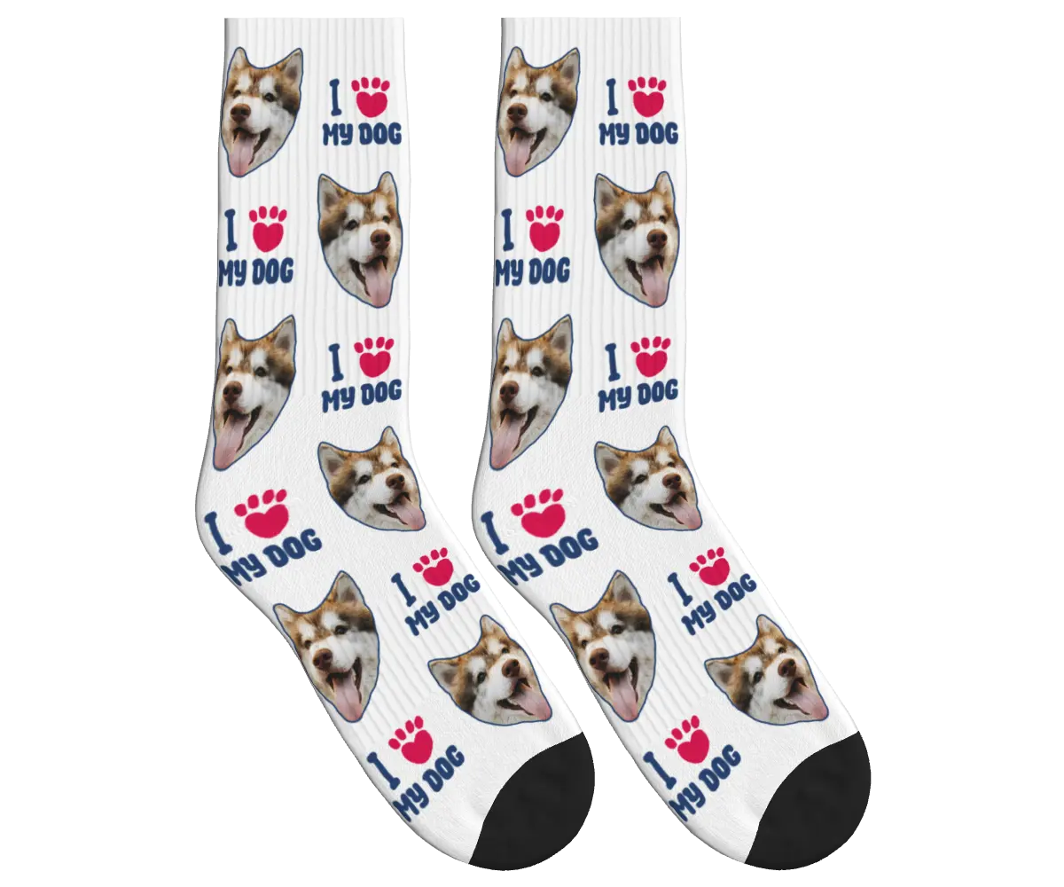 Dog Face Socks with I ❤️ My Dog Print - White / Crew Socks