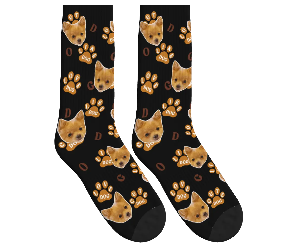 Dog Face Socks with Paw Prints & Dog Words - Black / Crew Socks