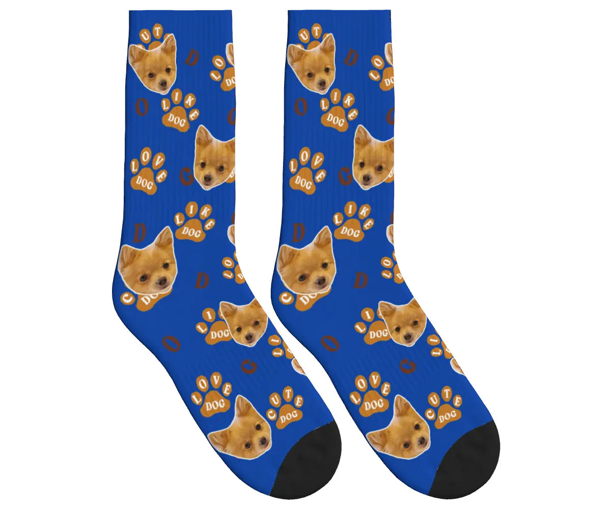 Dog Face Socks with Paw Prints & Dog Words - Cobalt Blue / Crew Socks