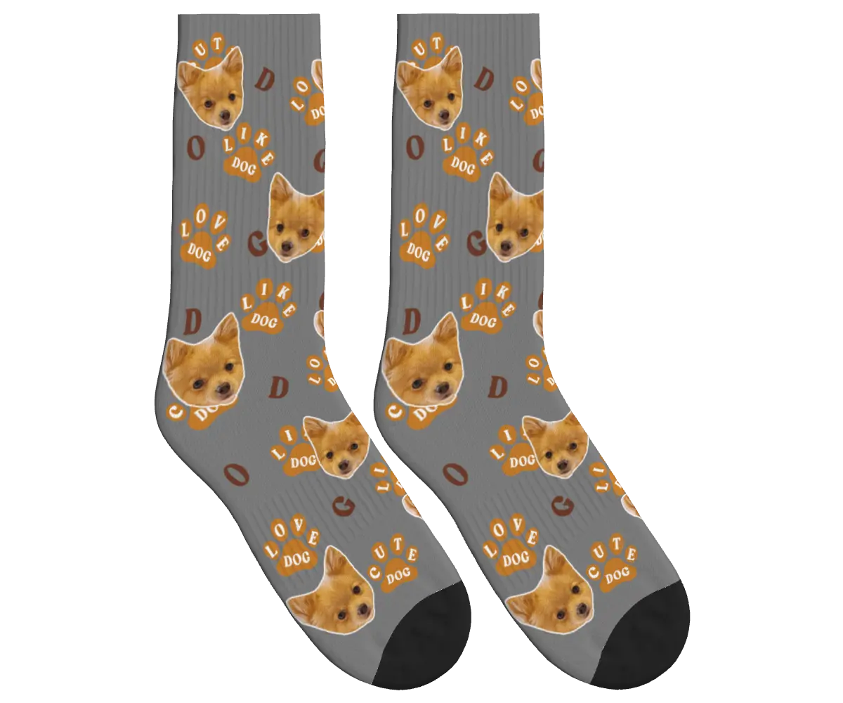 Dog Face Socks with Paw Prints & Dog Words - Gray / Crew Socks