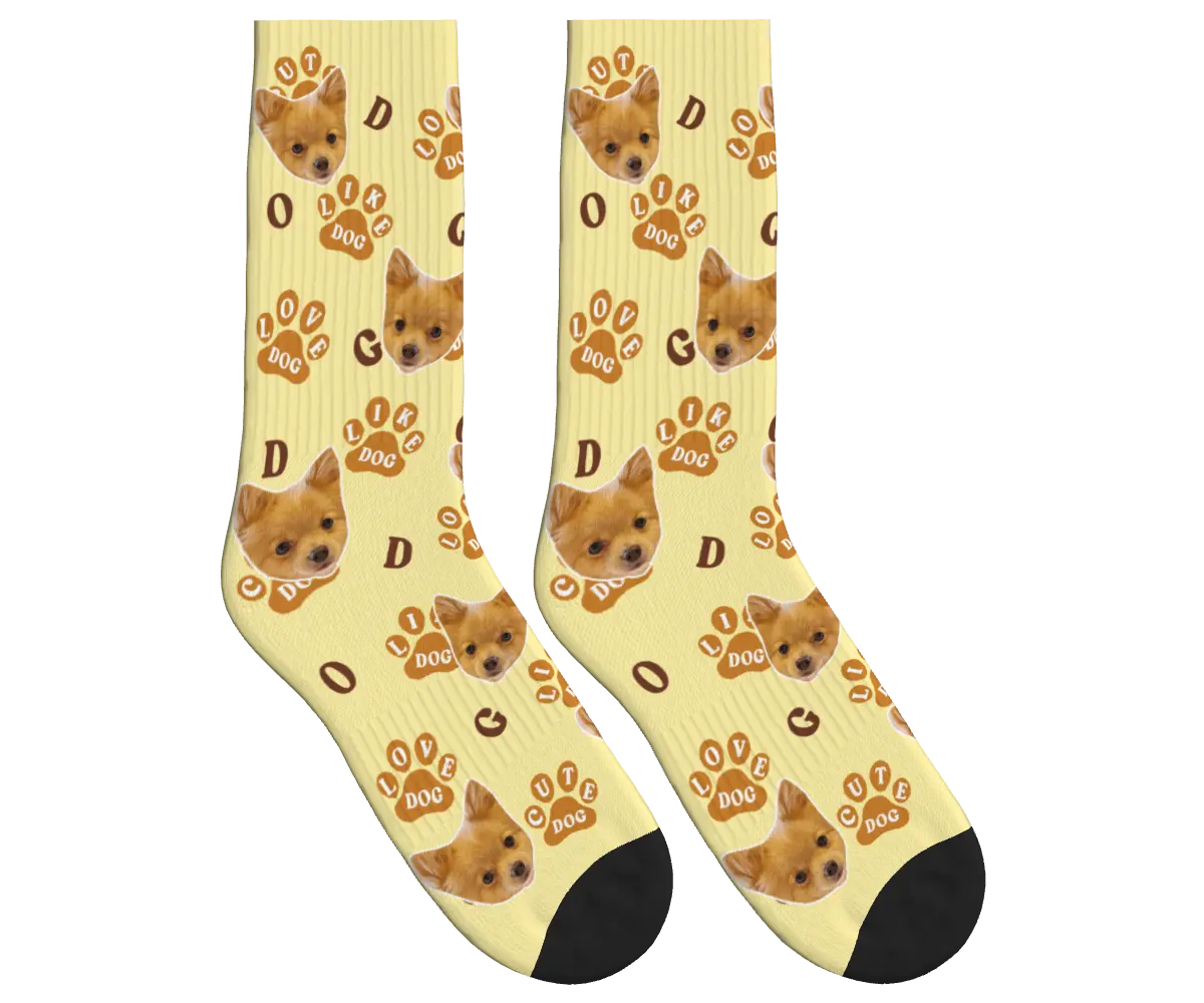 Dog Face Socks with Paw Prints & Dog Words - Pale Yellow / Crew Socks