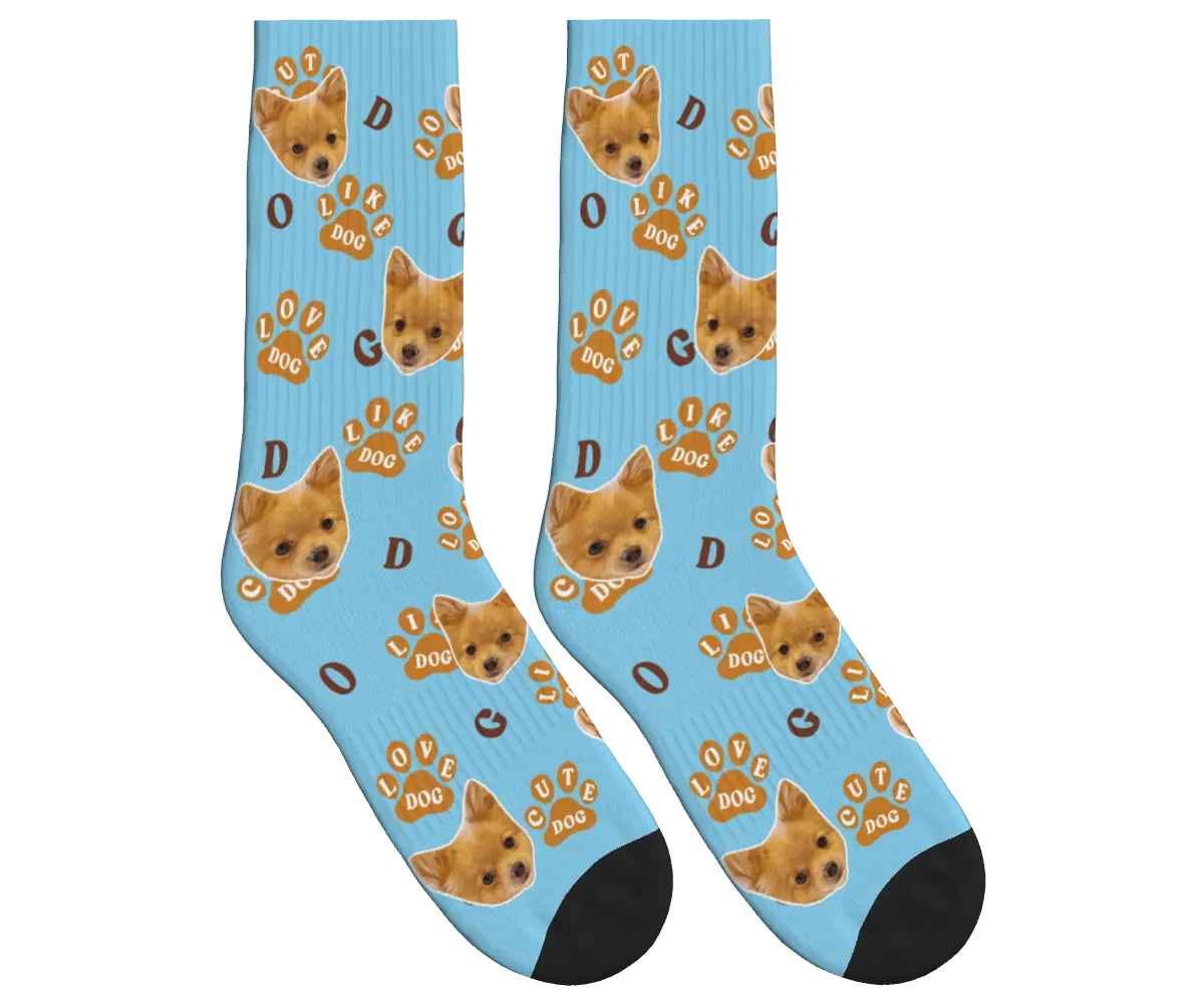 Dog Face Socks with Paw Prints & Dog Words - Sky Blue / Crew Socks