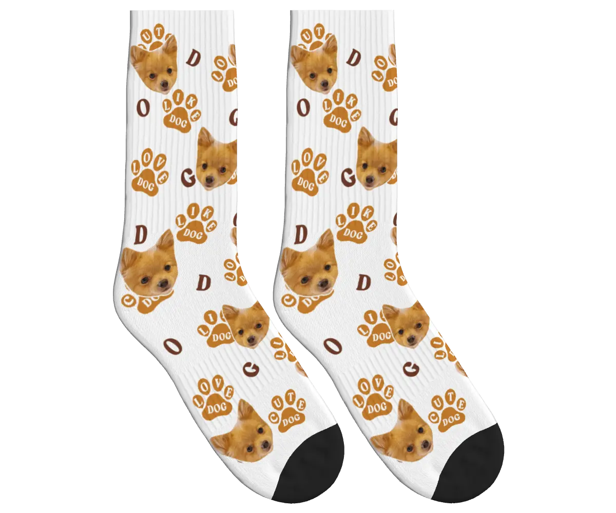 Dog Face Socks with Paw Prints & Dog Words - White / Crew Socks