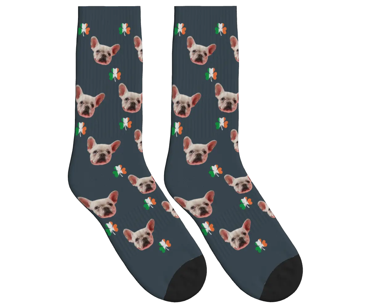 Dog Face Socks with Shamrocks in Irish Colors - Charcoal Gray / Crew Socks