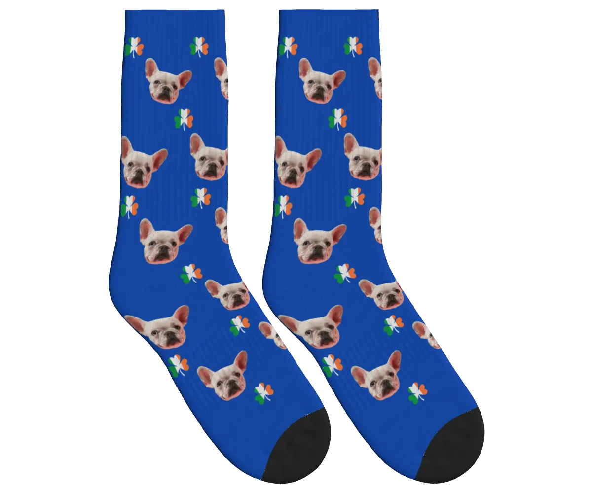 Dog Face Socks with Shamrocks in Irish Colors - Cobalt Blue / Crew Socks