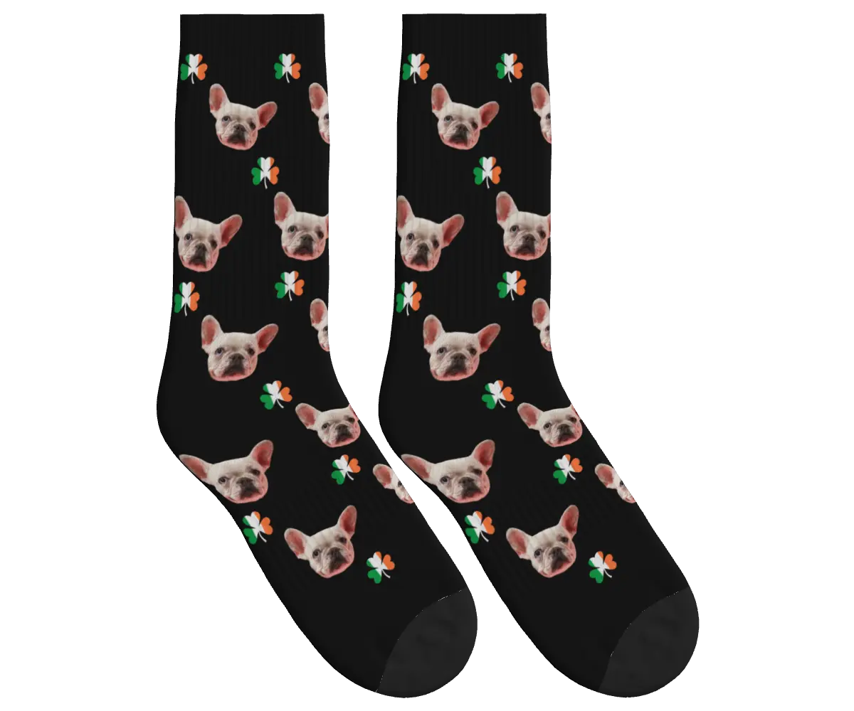 Dog Face Socks with Shamrocks in Irish Colors - Black / Crew Socks