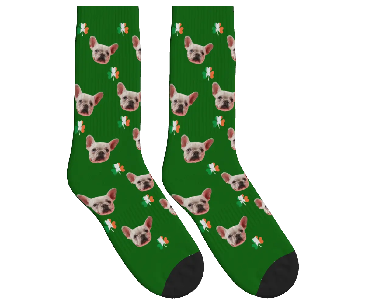 Dog Face Socks with Shamrocks in Irish Colors - Green / Crew Socks