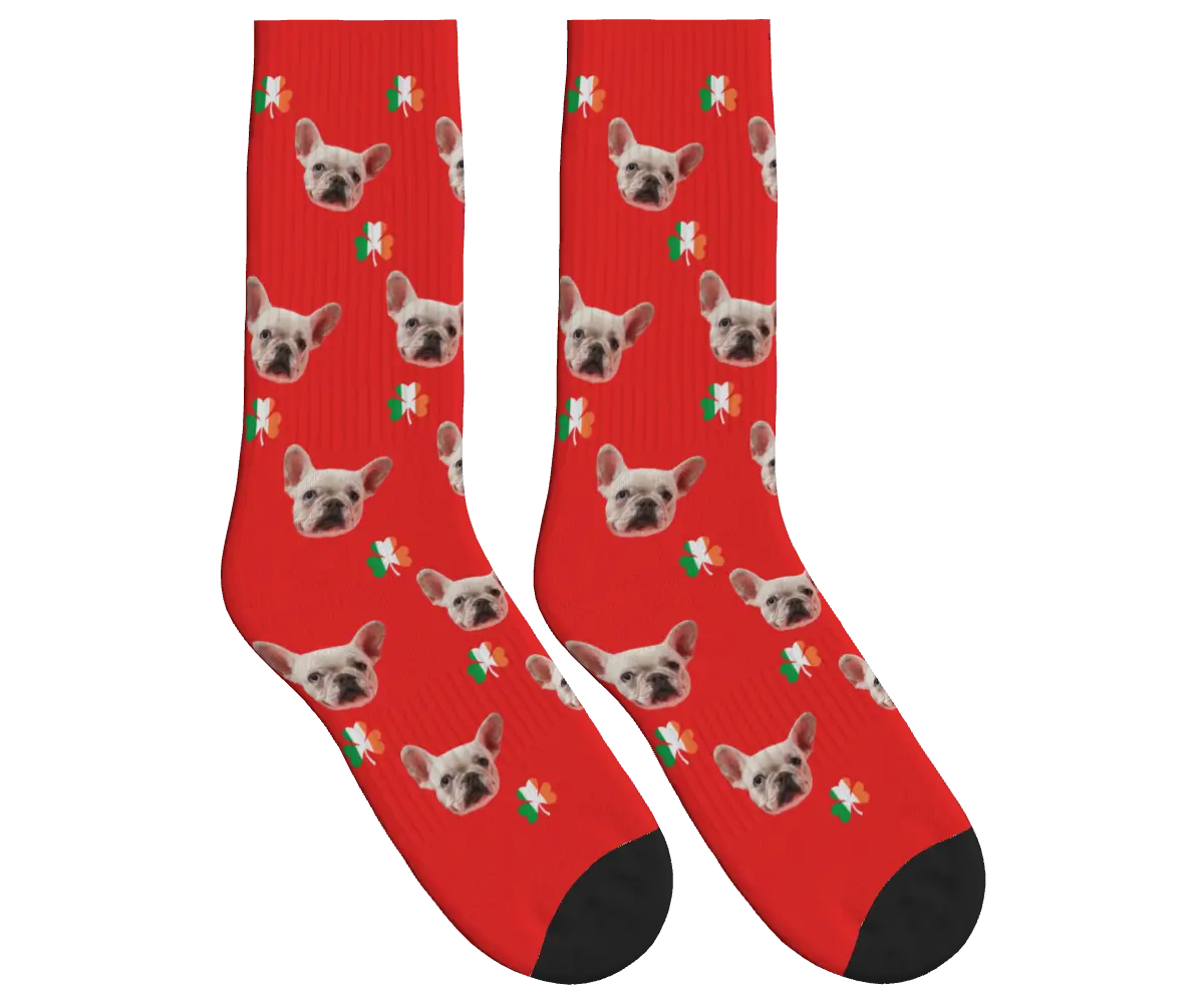 Dog Face Socks with Shamrocks in Irish Colors - Red / Crew Socks