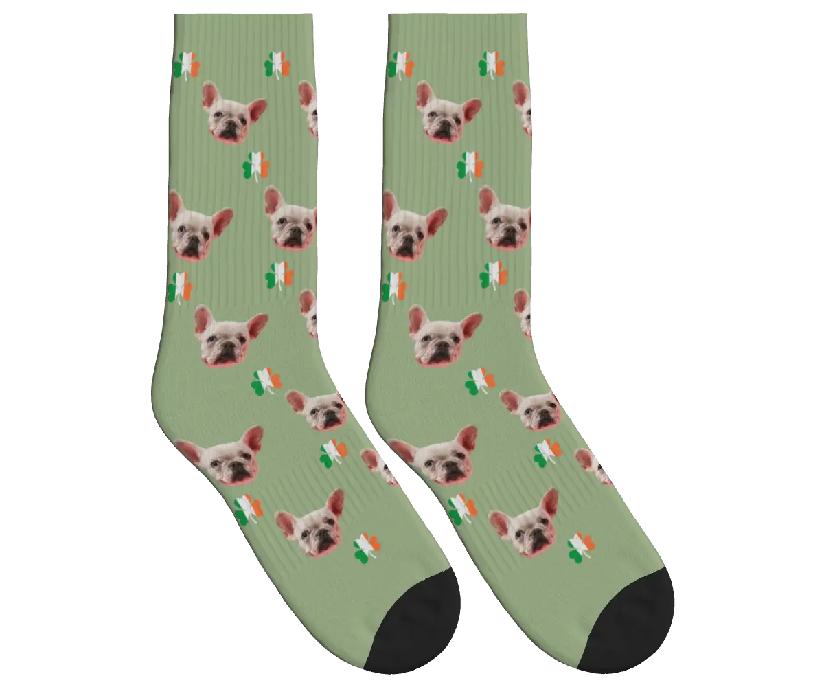 Dog Face Socks with Shamrocks in Irish Colors - Sage Green / Crew Socks