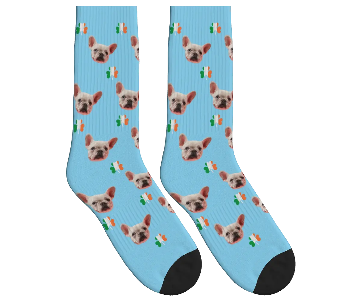 Dog Face Socks with Shamrocks in Irish Colors - Sky Blue / Crew Socks