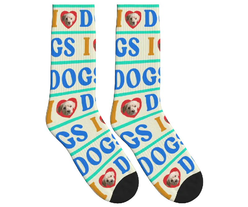 I Love Dogs Custom Photo Socks - Beige / Crew Socks