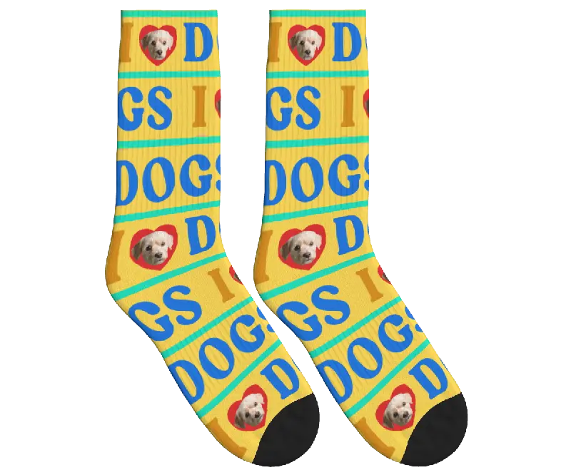 I Love Dogs Custom Photo Socks - Mustard Yellow / Crew Socks