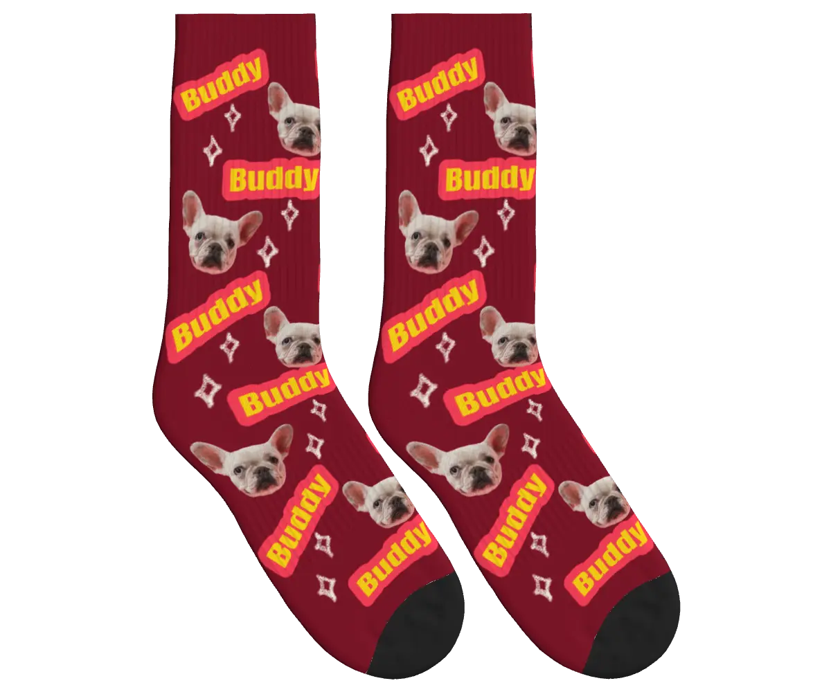 Dog Name & Face Socks - Burgundy / Crew Socks