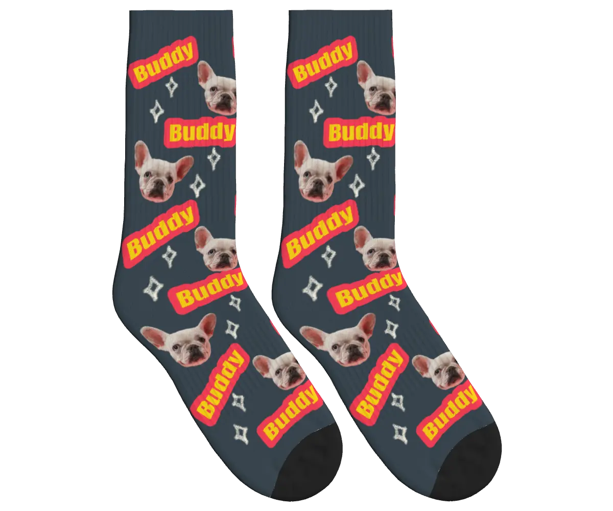 Dog Name & Face Socks - Charcoal Gray / Crew Socks