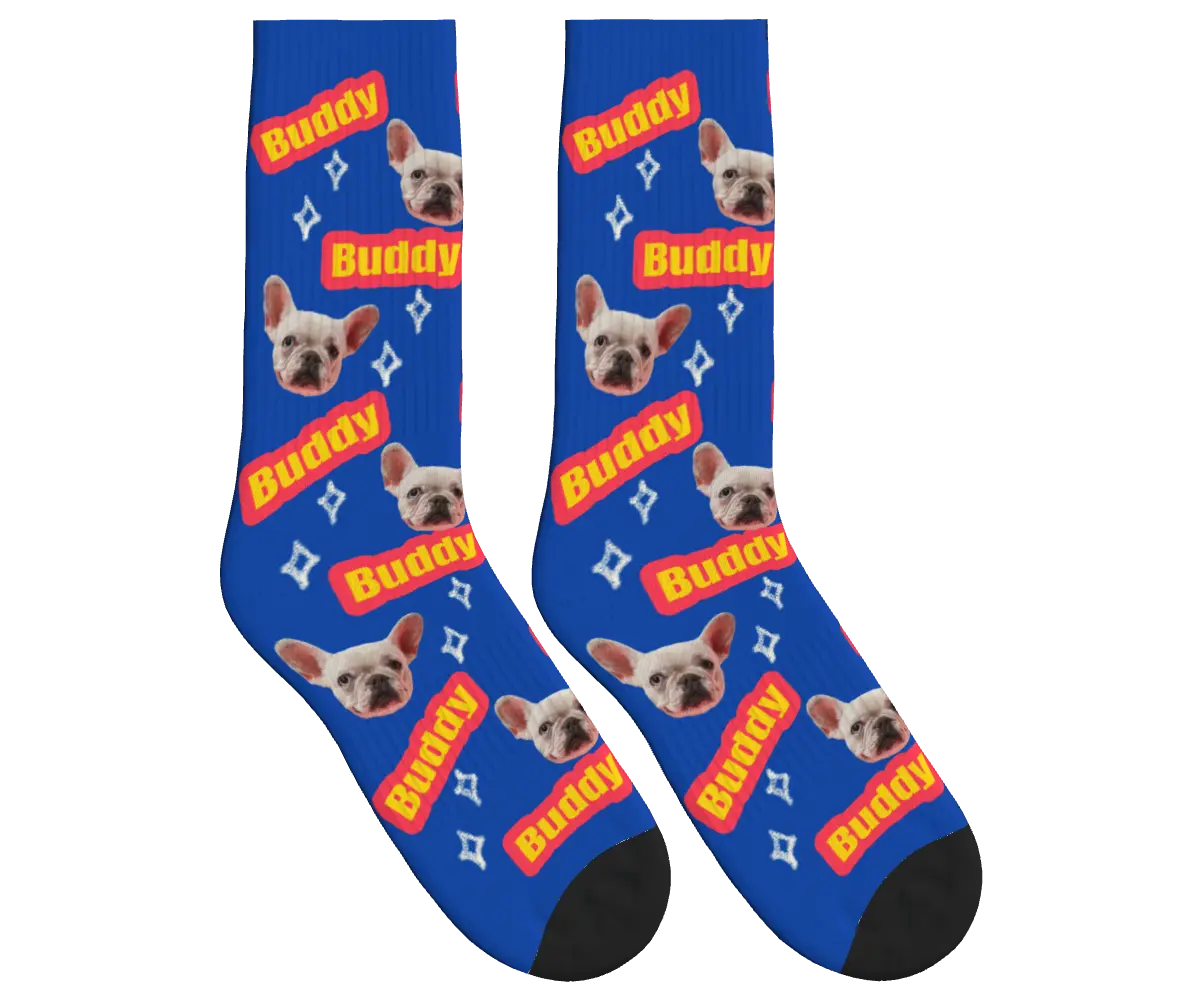 Dog Name & Face Socks - Cobalt Blue / Crew Socks