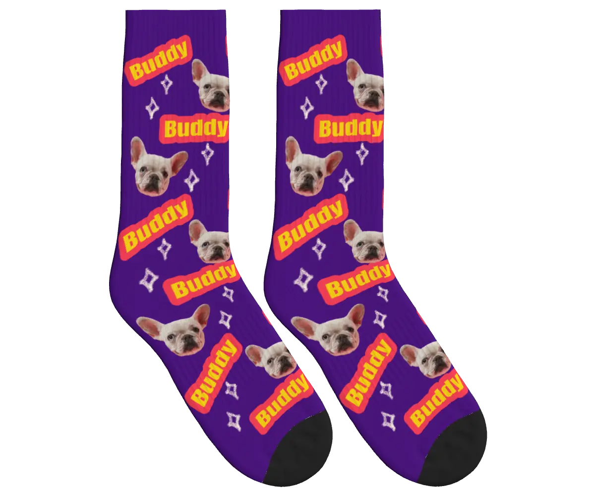Dog Name & Face Socks - Deep Purple / Crew Socks