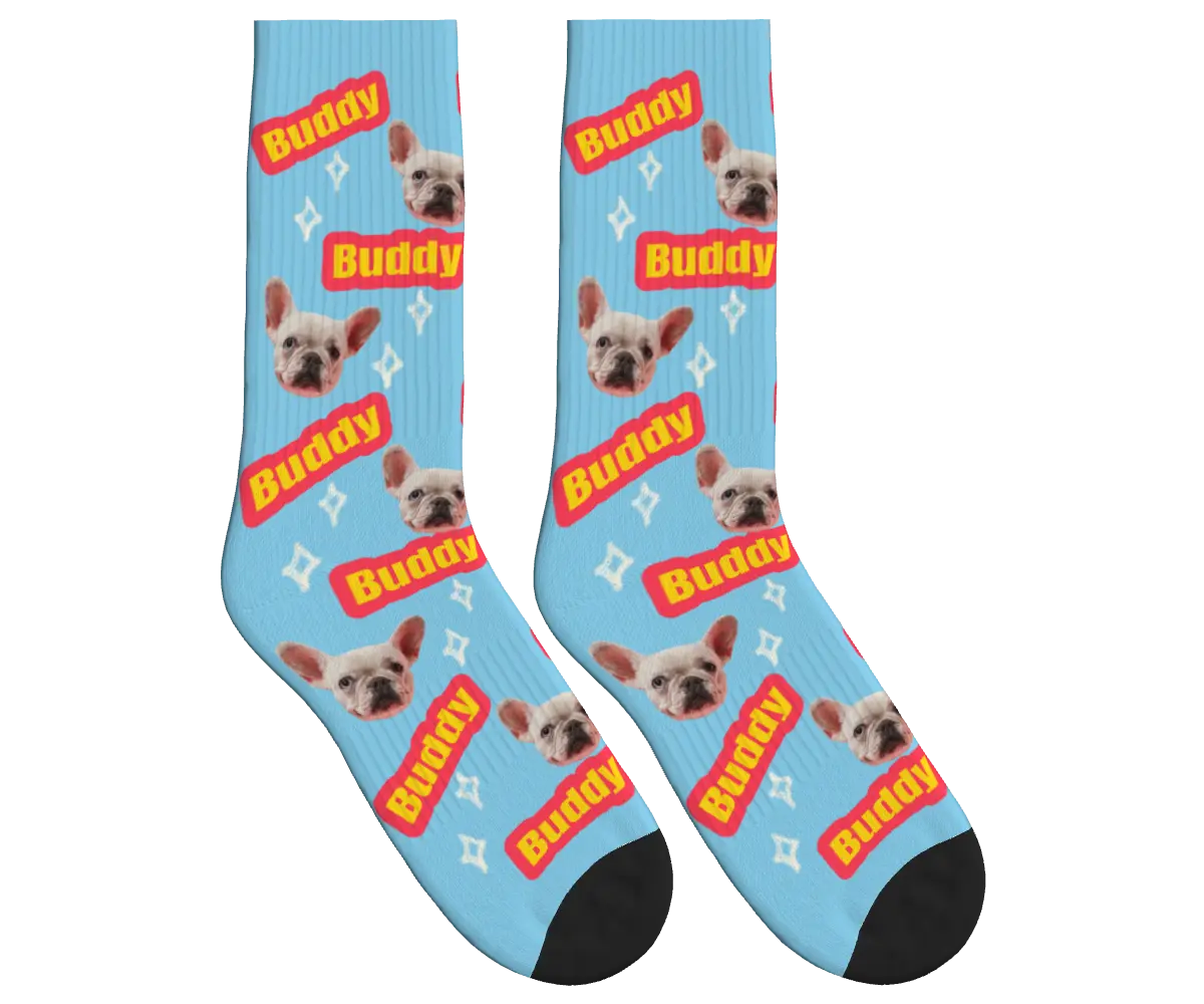 Dog Name & Face Socks - Sky Blue / Crew Socks