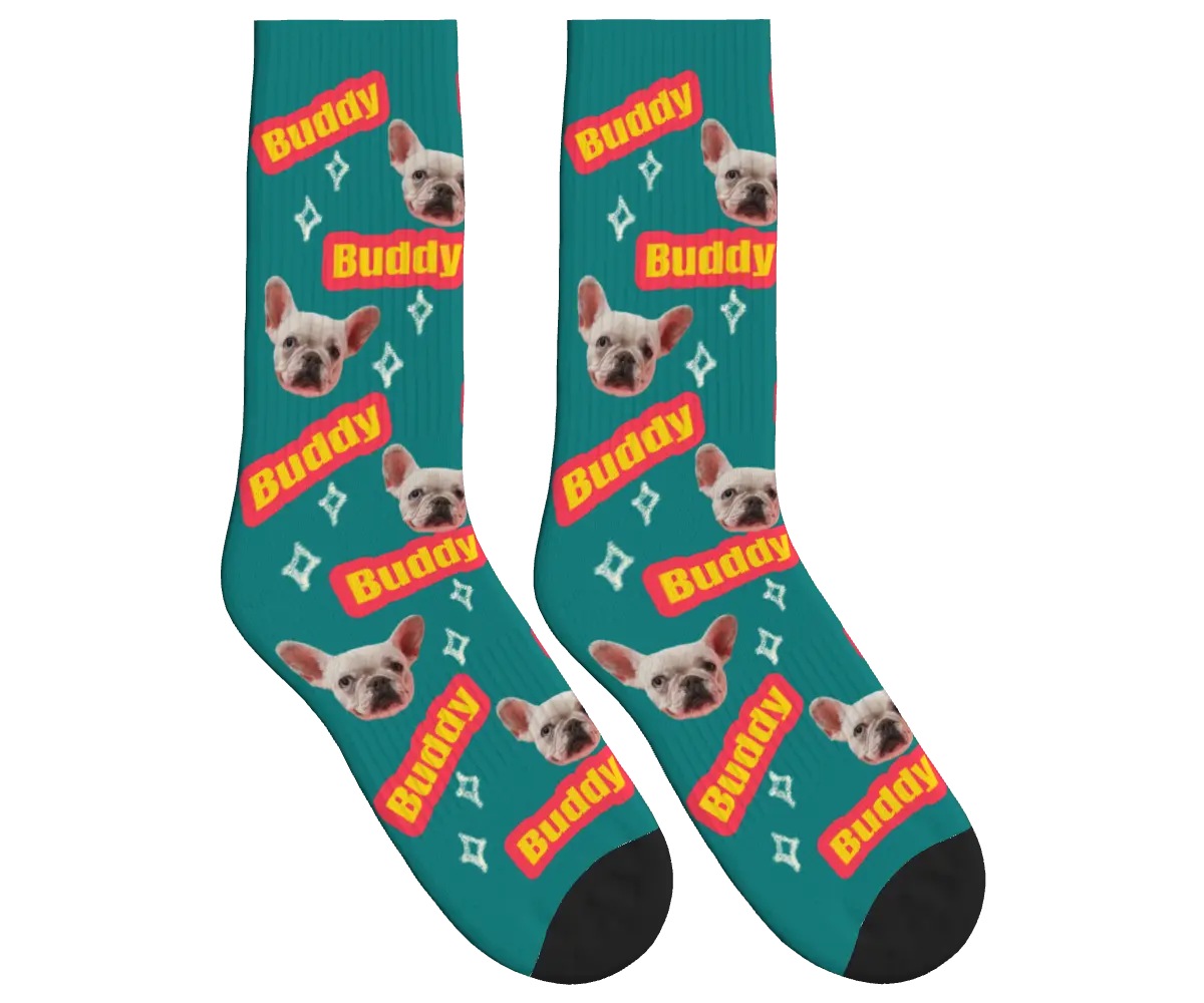 Dog Name & Face Socks - Teal / Crew Socks