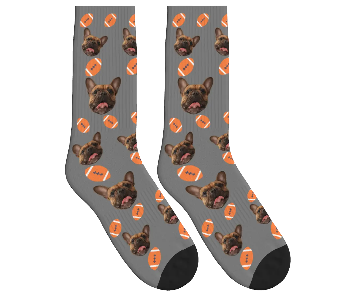 Football & Dog Face Socks - Gray / Crew Socks