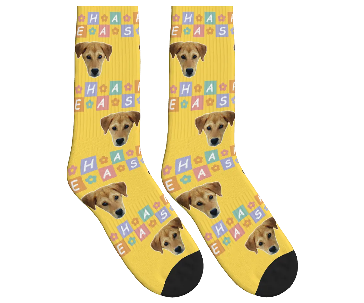Happy Easter Dog Face Socks - Mustard Yellow / Crew Socks