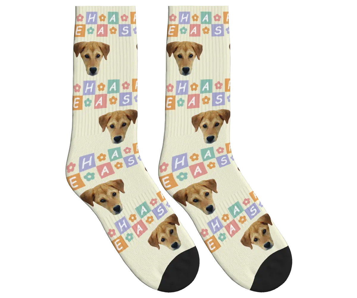 Happy Easter Dog Face Socks - Beige / Crew Socks